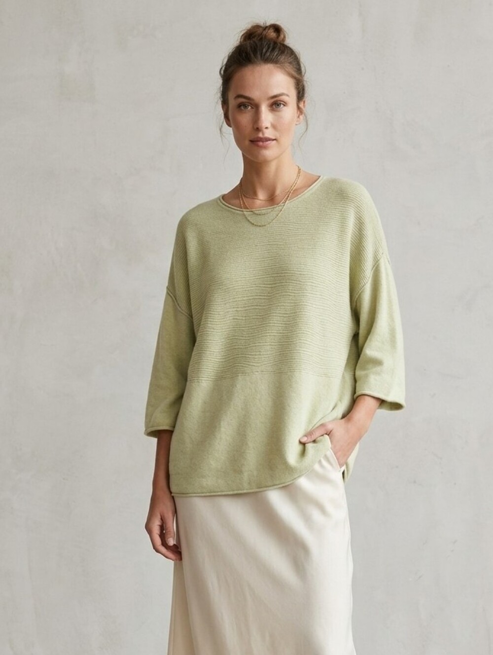 Pure Jill Cotton Cashmere Blend Sweater 3/4 Sleeve Relaxed Fit Pale Green